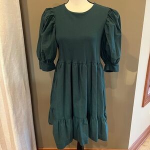 Zara Dark Green Mini Comfy Cottagecore Baby Doll Balloon Sleeve Dress, Size M